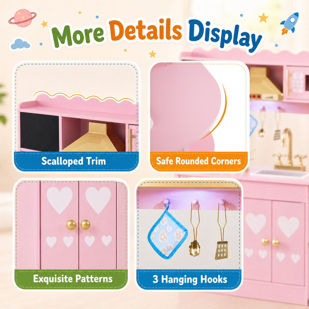 Wooden play kitchen for kids featuring pink design, safe rounded corners, and multiple storage options for organized play.