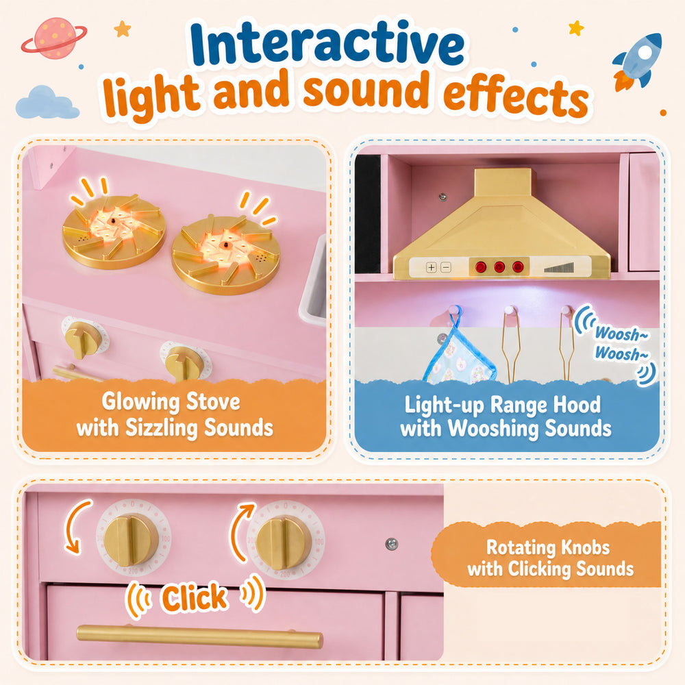 Wooden play kitchen for kids featuring glowing stoves, light-up range hood, and rotating knobs for interactive cooking fun.