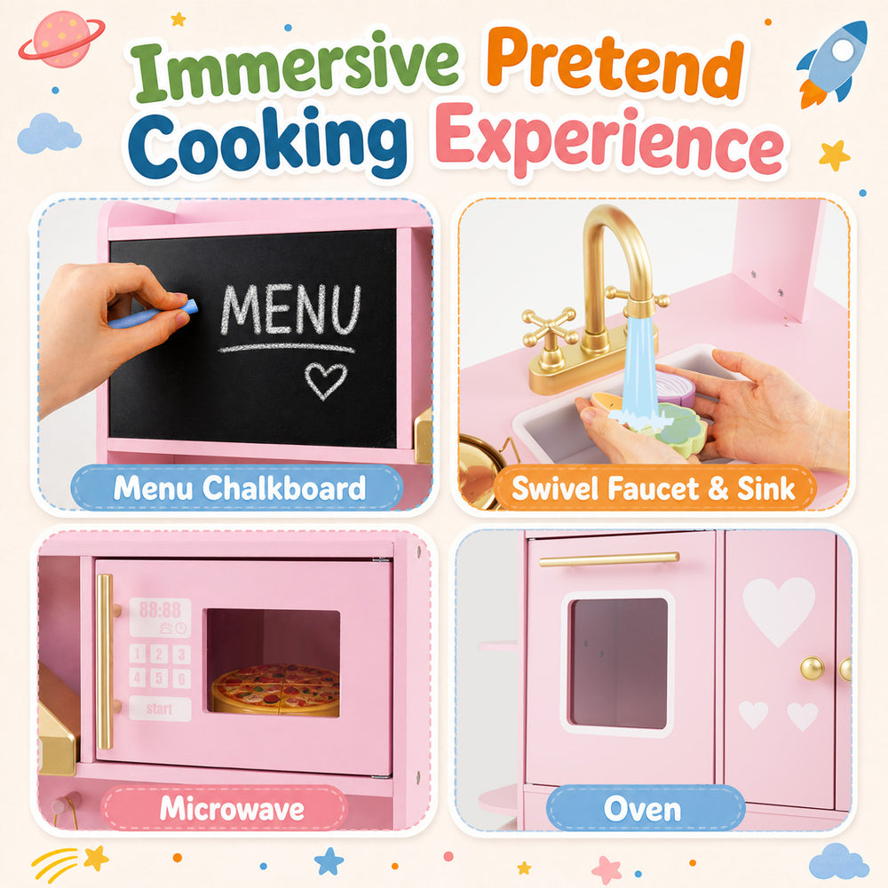 Wooden play kitchen features a menu chalkboard, sink with faucet, microwave, and oven for immersive pretend cooking.
