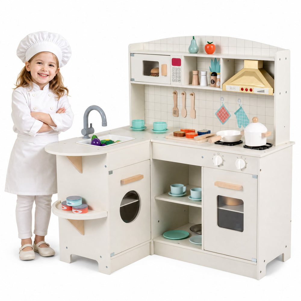 Wooden play kitchen for kids featuring lights, sounds, and realistic functions like a stove, sink, and microwave for imaginative play.