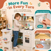 Wooden play kitchen for kids featuring interactive lights, sounds, and turn-and-click knobs for immersive pretend cooking.