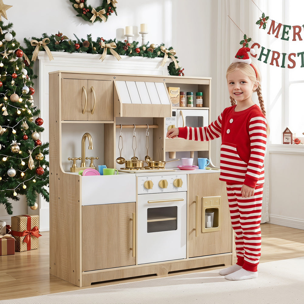 Wooden play kitchen for kids featuring realistic lights, sounds, and ample storage for engaging pretend cooking fun.