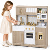 Wooden play kitchen for kids showcasing a child using the sink and stove, enhancing interactive cooking play experiences.