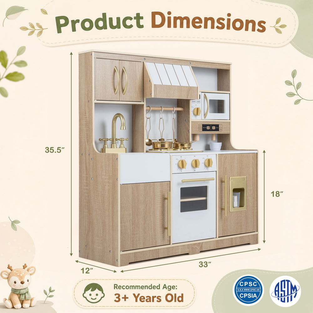 Wooden play kitchen for kids with detailed dimensions, including a height of 35.5 inches and width of 33 inches for space planning.