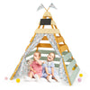 Triangle Hideaway Playhouse with colorful flags and curtains, offering ample space for 2-3 children to play together.