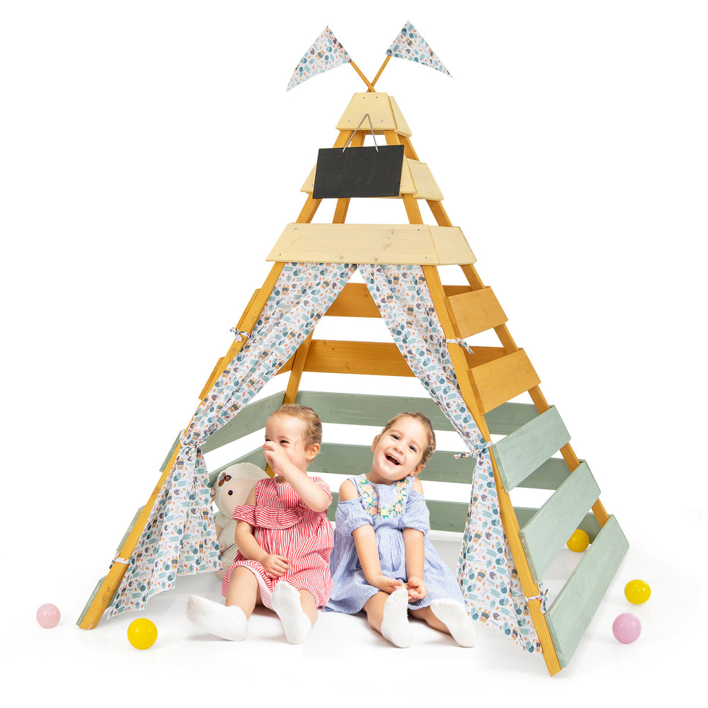 Triangle Hideaway Playhouse with colorful flags and curtains, offering ample space for 2-3 children to play together.