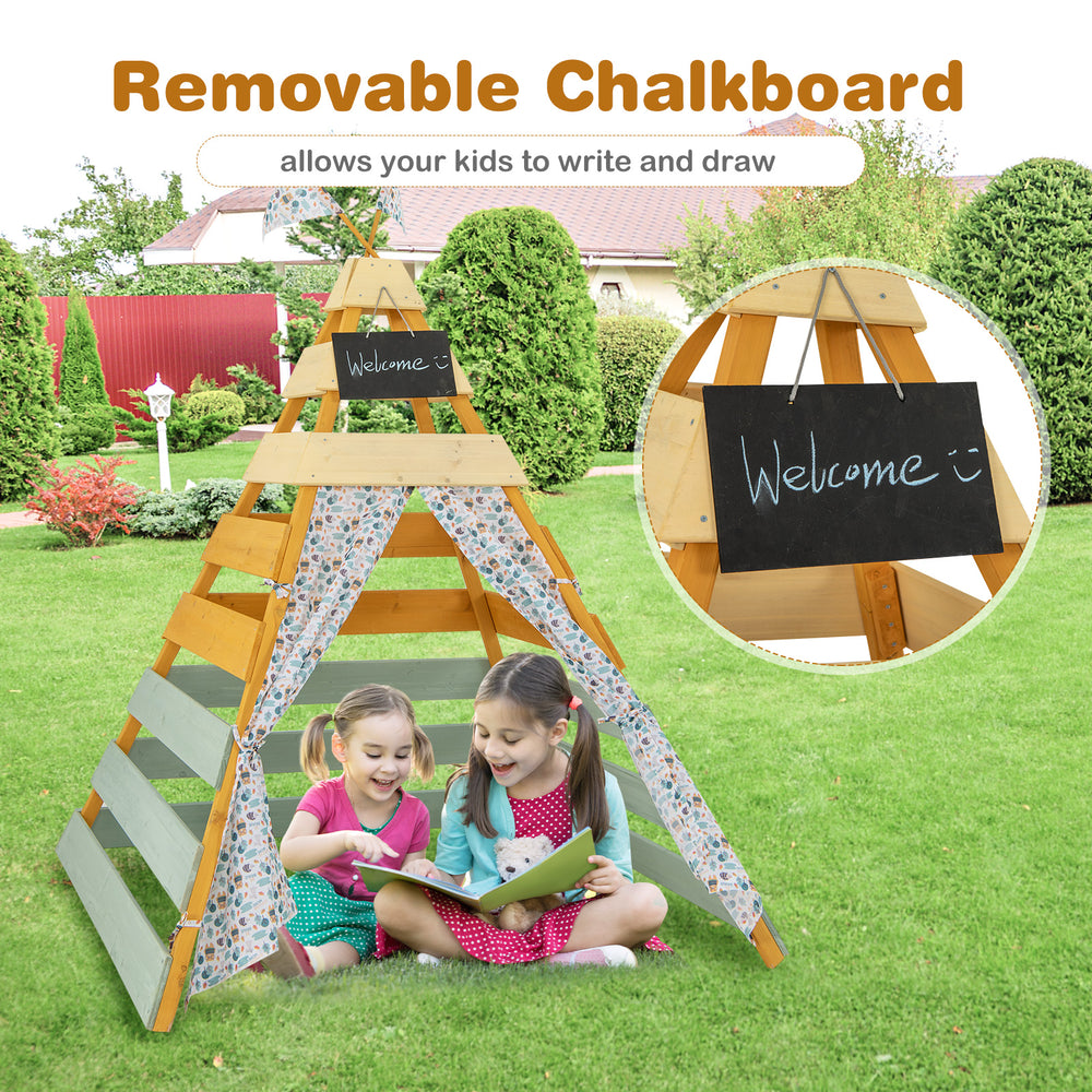 Triangle hideaway playhouse with removable chalkboard, made of durable fir wood, perfect for kids' indoor and outdoor.
