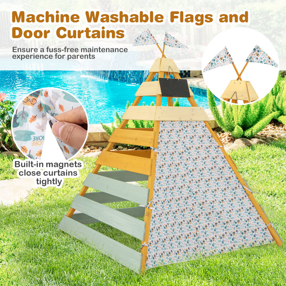 Triangle Hideaway Playhouse with removable chalkboard, machine washable curtains, perfect for indoor and outdoor play.