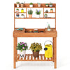 Wooden potting bench table with 3-tier open shelf, solid pine construction, ideal for gardening tasks in patios or.