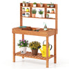 Wooden potting bench table with 3-tier open shelf, solid pine wood, ideal for gardening tasks in patios or gardens.