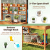 3-tier open shelf wooden potting bench with bottom rack for plants and tools, ideal for gardens and patios.