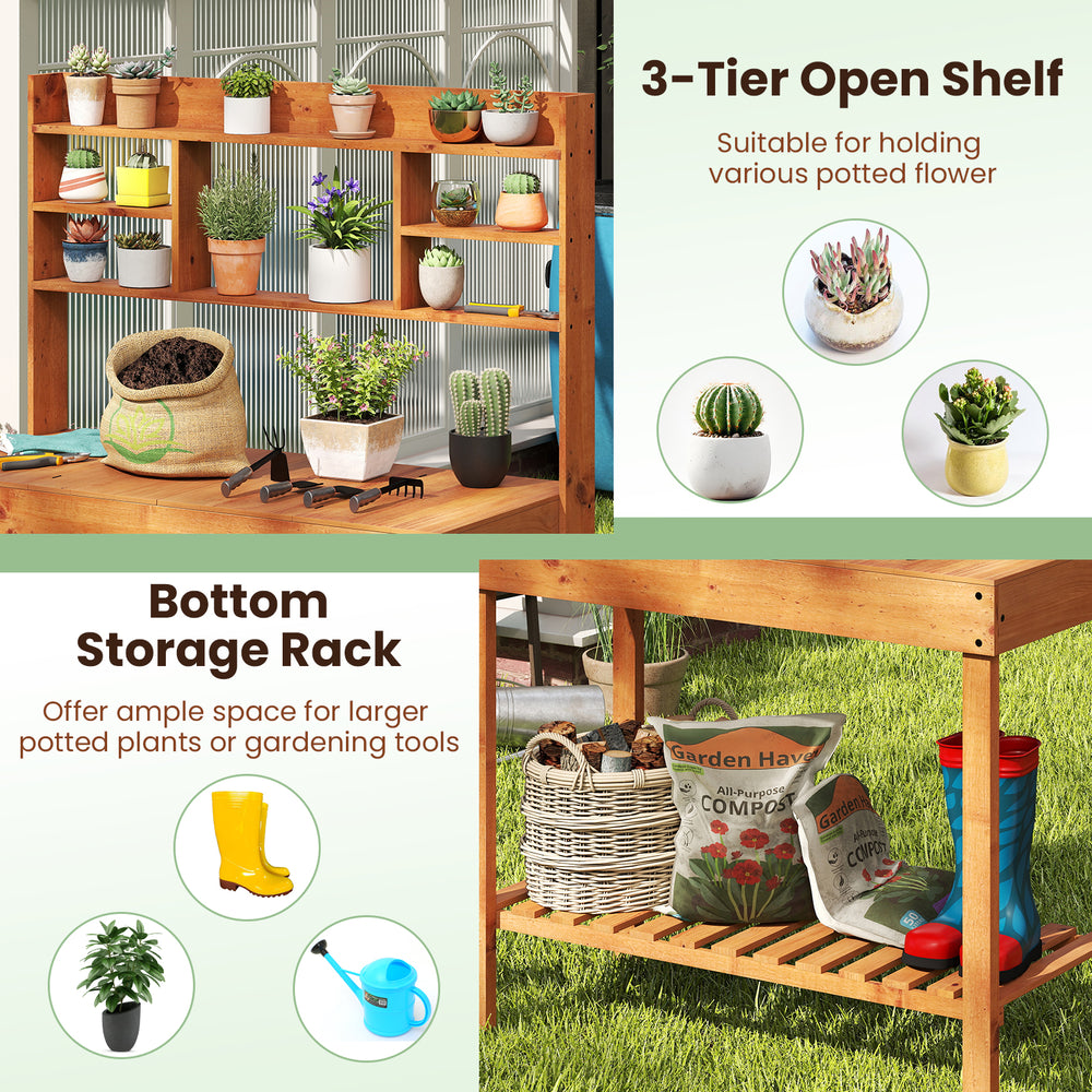 3-tier open shelf wooden potting bench with bottom rack for plants and tools, ideal for gardens and patios.