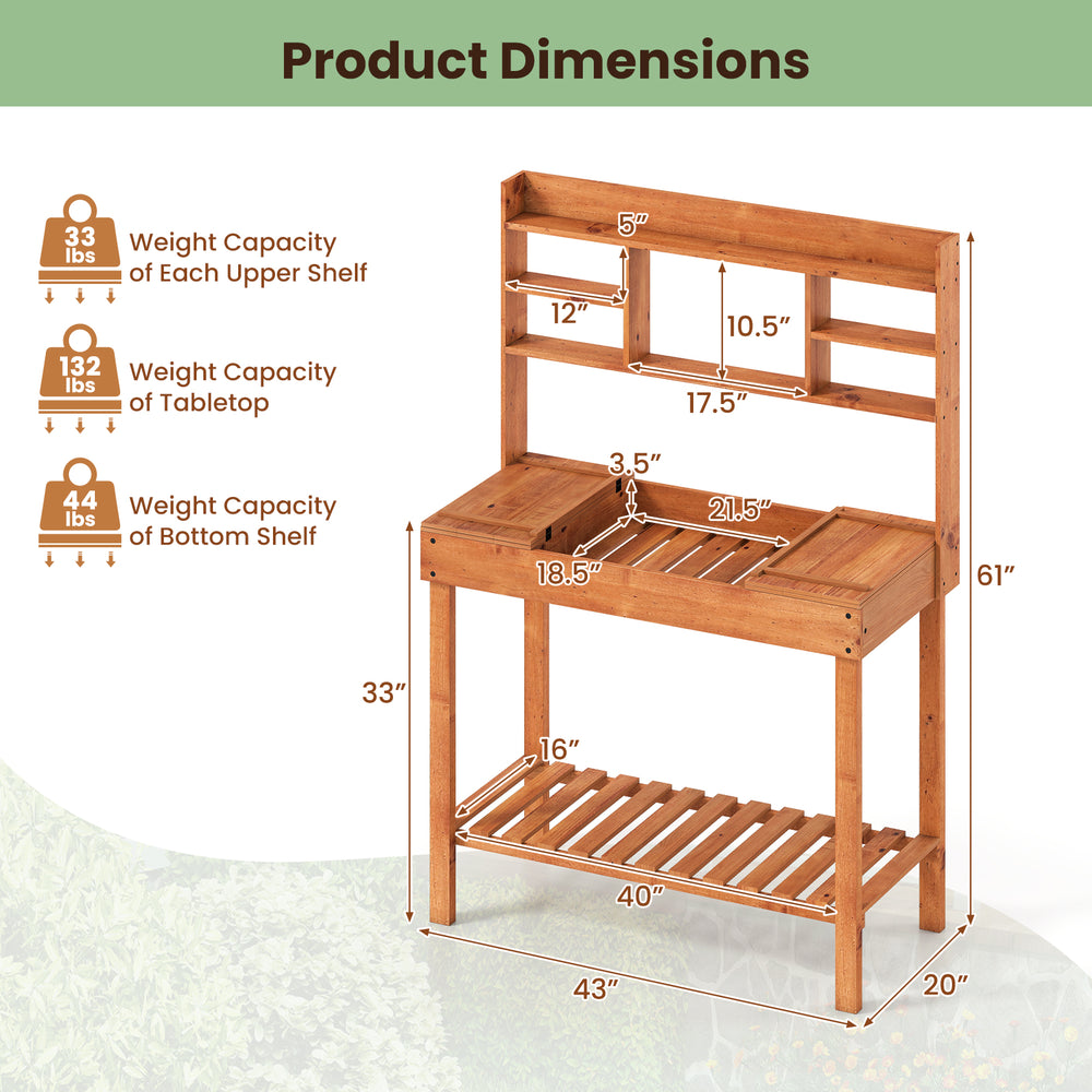 Wooden potting bench table dimensions with 3-tier open shelf, sturdy pine wood, ideal for gardening tasks and storage.