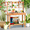Wooden potting bench table with 3-tier open shelf, perfect for gardening tasks and tool storage in outdoor spaces.