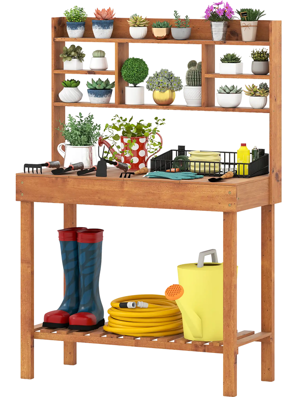 Wooden potting bench table with 3-tier shelf, solid pine construction, ideal for gardening tasks in patios or gardens.