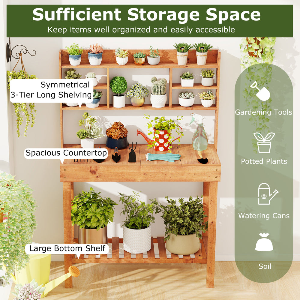 Wooden potting bench with 3-tier open shelf, spacious countertop, and large bottom shelf for gardening tools and plants.
