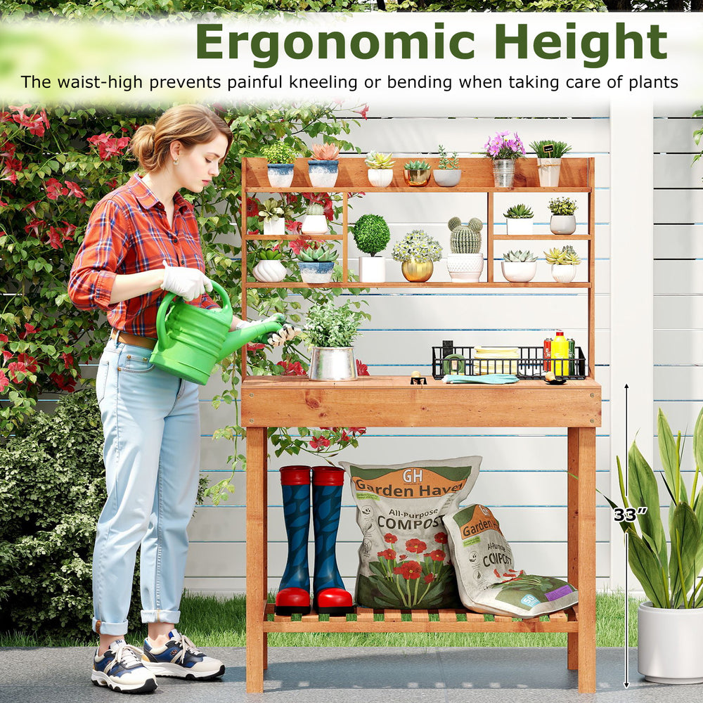 Wooden potting bench with 3-tier shelf, ergonomic height for gardening tasks, ideal for patios and indoor spaces.
