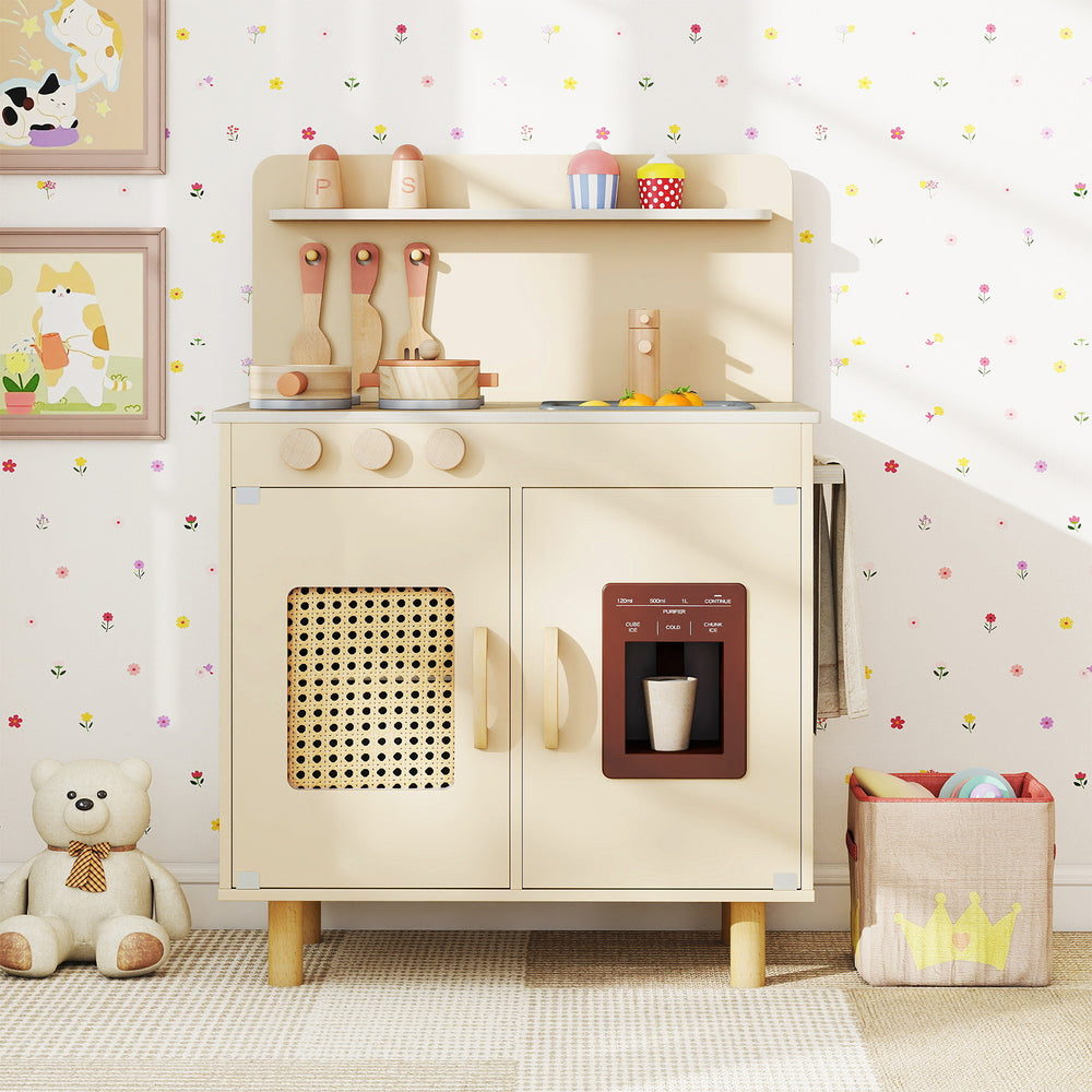 Wooden pretend kitchen playset in yellow with ice maker, storage cabinet, and spice rack for imaginative play.