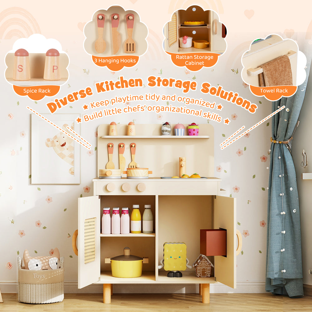Wooden pretend kitchen playset in yellow with spice rack, ice maker, and ample storage for interactive playtime.