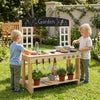 Wooden pretend play kitchen with bench, stoves, and accessories for immersive cooking fun in a garden setting.