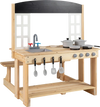 Wooden pretend play kitchen with bench, 4 stoves, sink, and cooking accessories for immersive play experience.