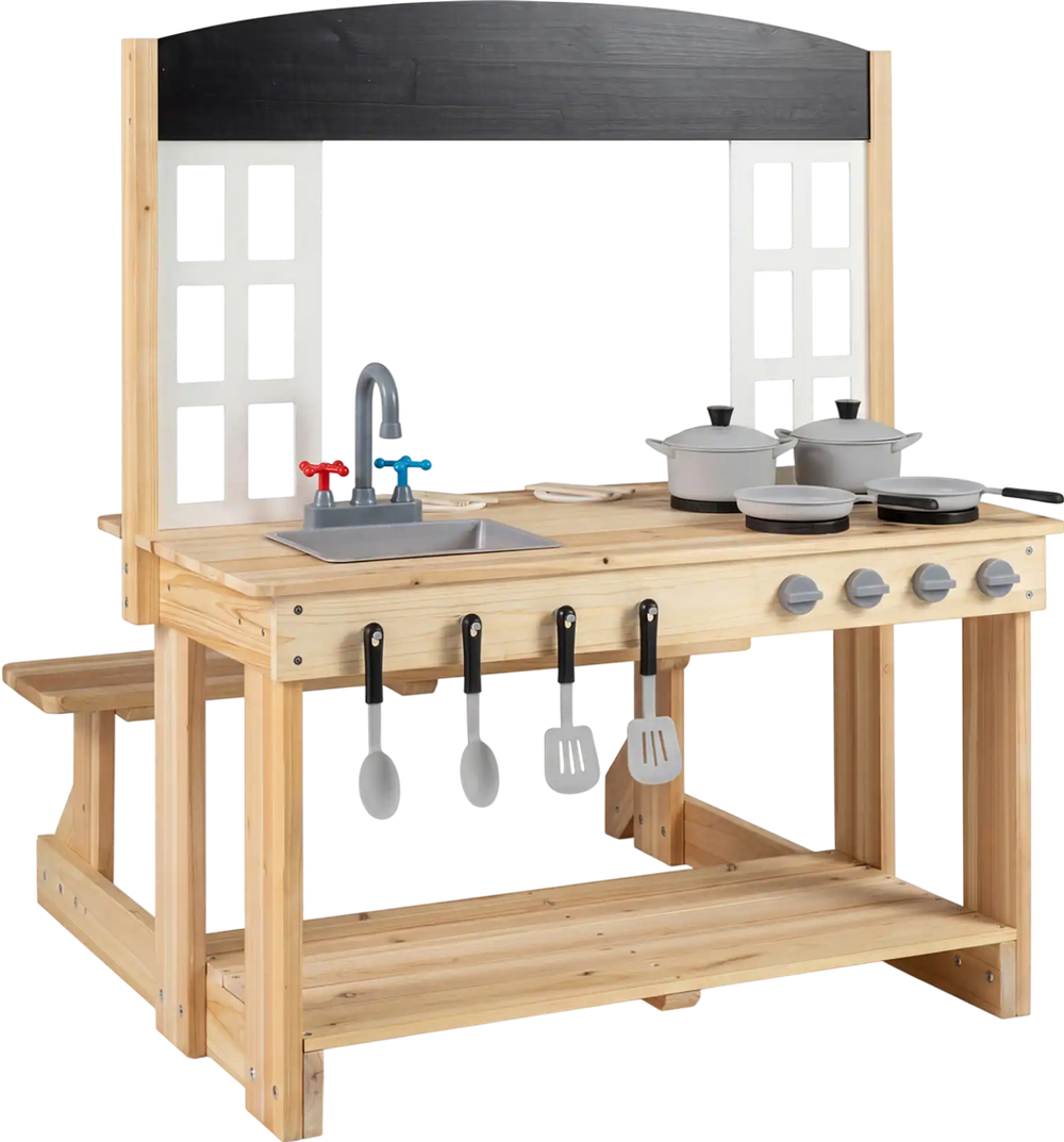 Wooden pretend play kitchen with bench, 4 stoves, sink, and cooking accessories for immersive play experience.