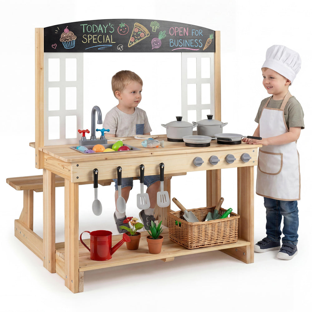 Wooden pretend play kitchen with bench, cooking accessories, and blackboard for immersive play for kids over 3 years.