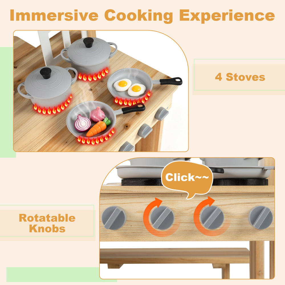Wooden pretend play kitchen featuring 4 stoves, rotatable knobs, and a sturdy bench for immersive cooking fun.