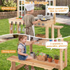 Wooden pretend play kitchen with bench, featuring cooking accessories and a dining area for immersive role play.