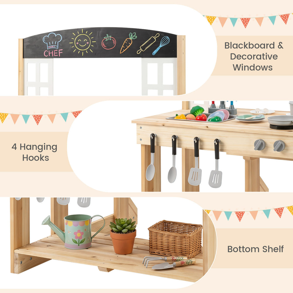 Wooden pretend play kitchen featuring a blackboard, decorative windows, 4 hanging hooks, and a bottom shelf for.