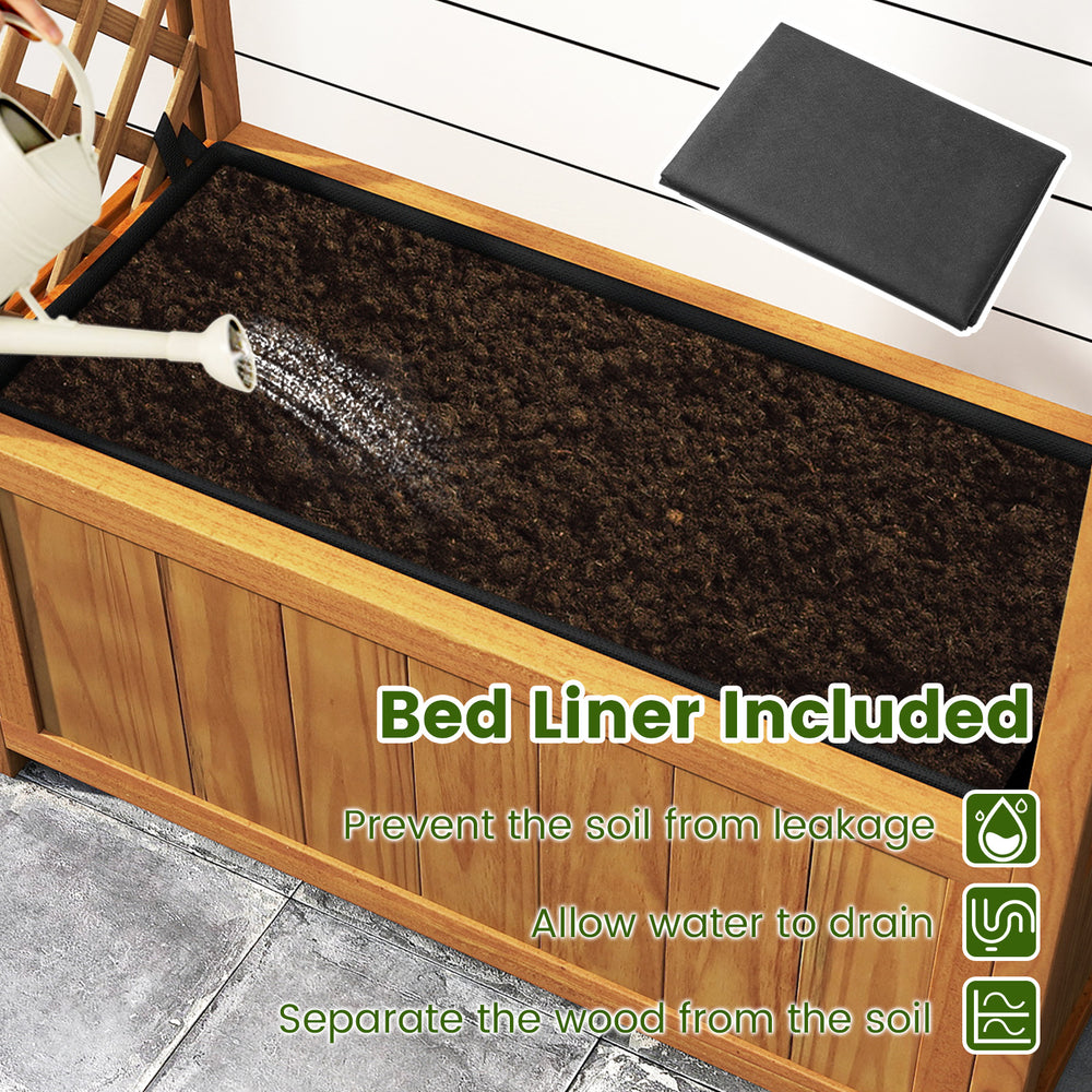 Wooden raised garden bed with lattice trellis, featuring a soil liner for drainage, ideal for patios and gardens.