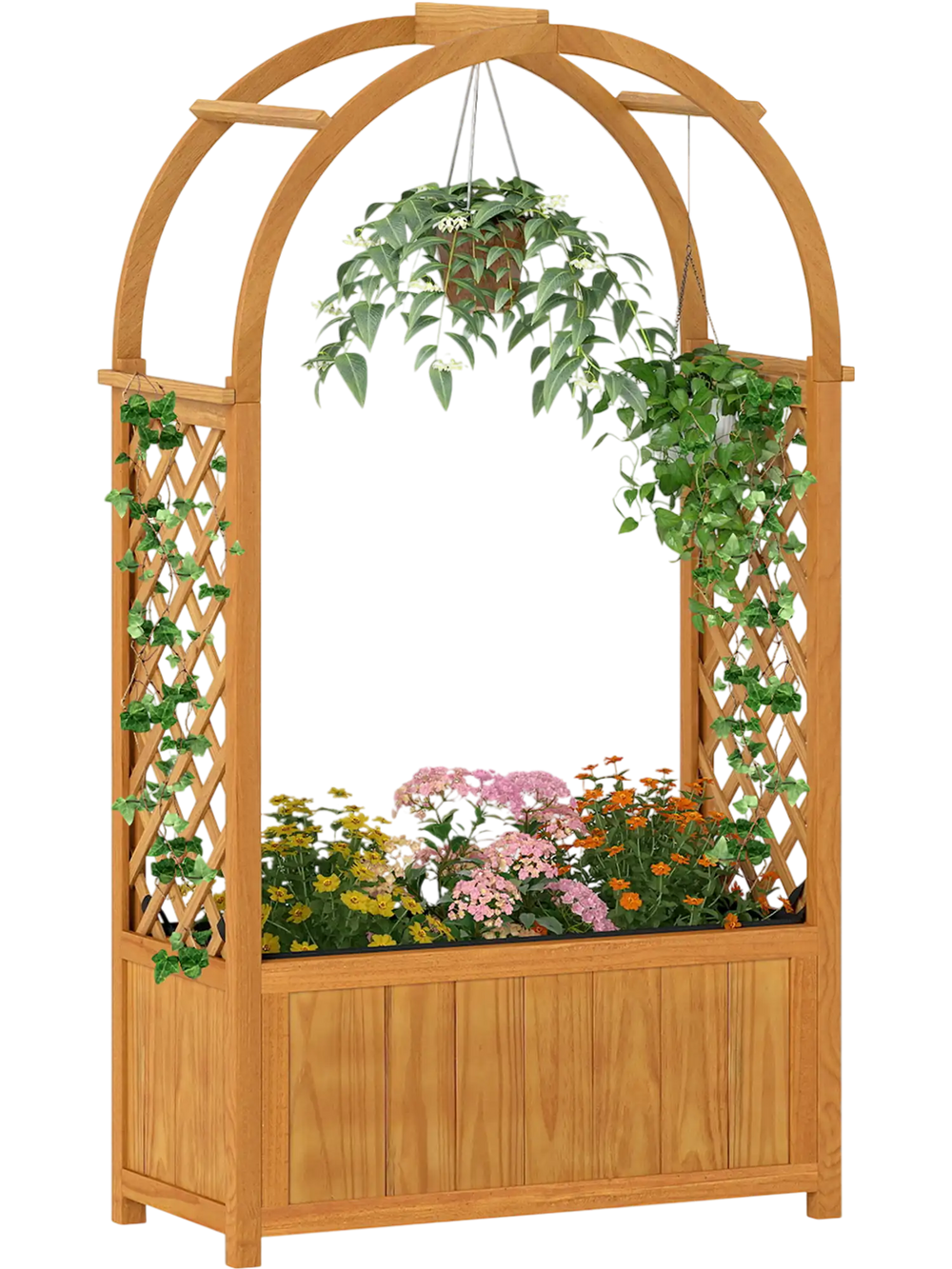 Wooden raised garden bed with lattice trellis and arched roof, made from natural pine wood, ideal for flowers and.