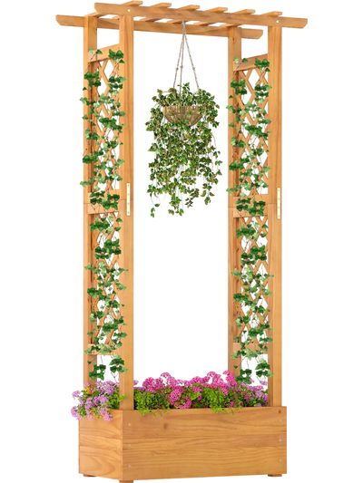 Costway Wooden Raised Garden Bed Lattice Trellis Hanging Roof 61786407 New