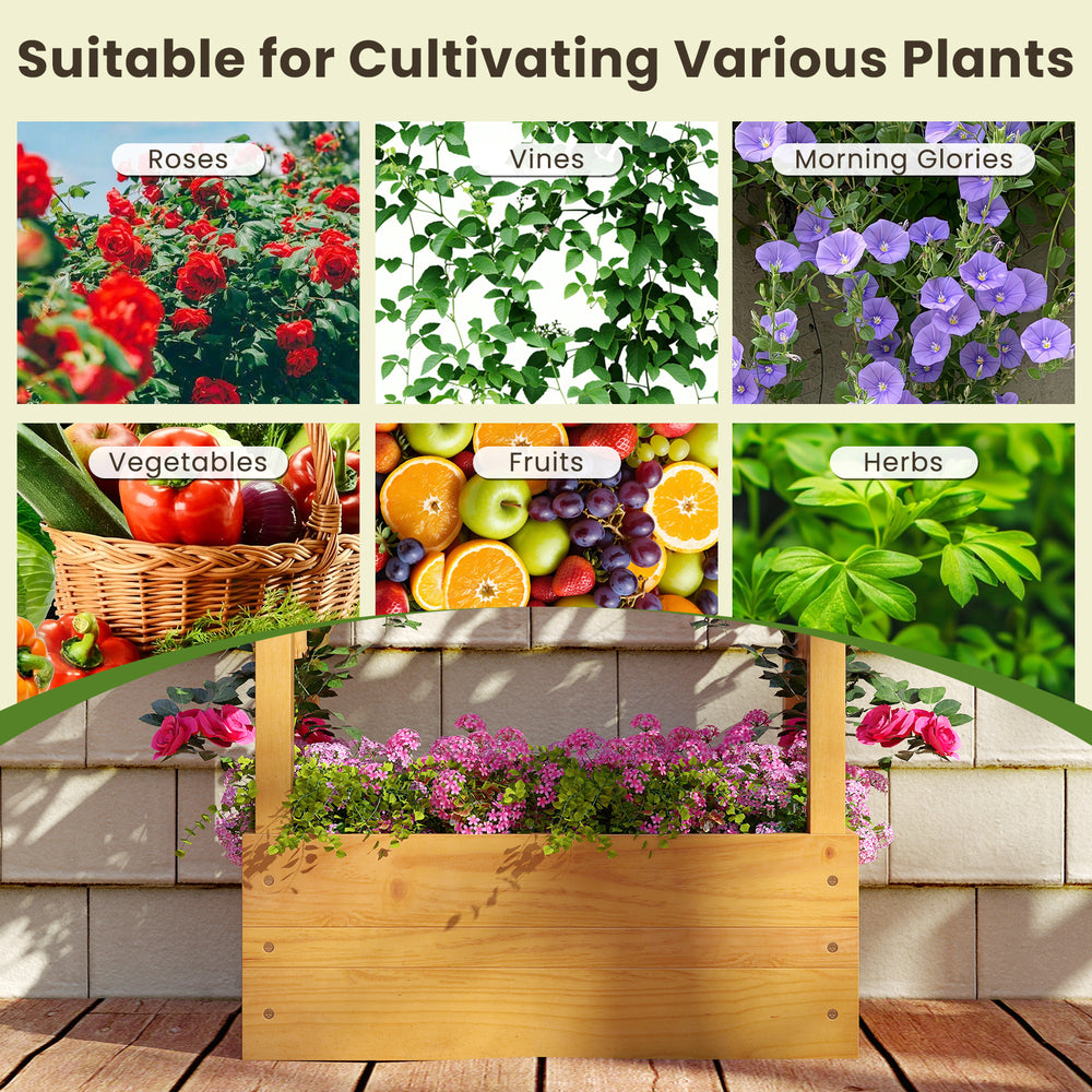 Wooden raised garden bed with lattice trellis, ideal for cultivating flowers, herbs, and vegetables in outdoor spaces.