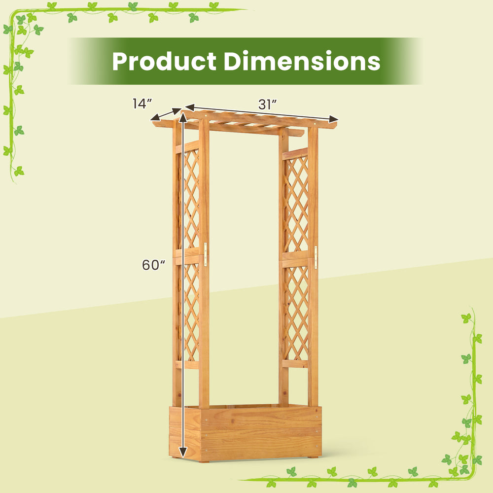 Wooden raised garden bed with lattice trellis, dimensions 31"x14"x60", ideal for patios and vertical plant growth.