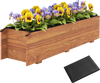 Wooden raised garden bed in orange with drainage holes, liner, and vibrant flowers, ideal for patios and balconies.