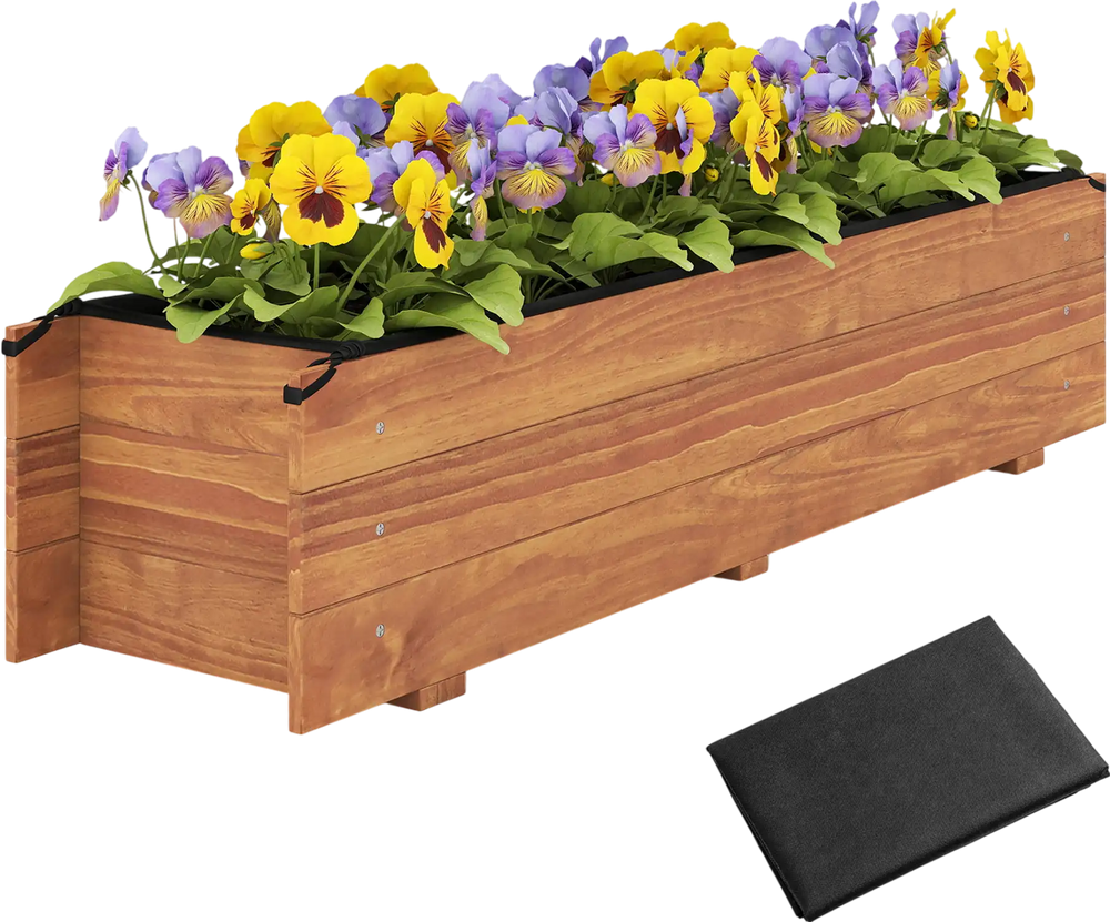 Wooden raised garden bed in orange with drainage holes, liner, and vibrant flowers, ideal for patios and balconies.