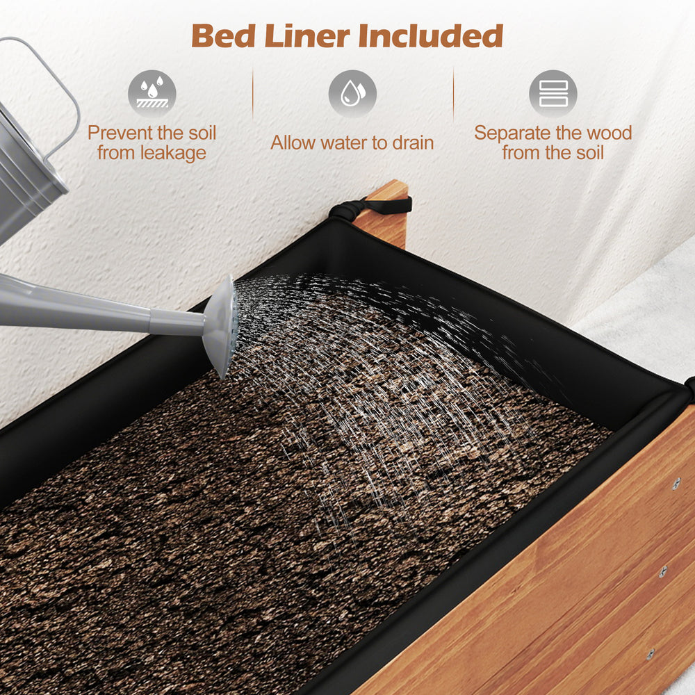 Wooden raised garden bed with drainage holes and liner, ideal for flowers and vegetables in patios or backyards.