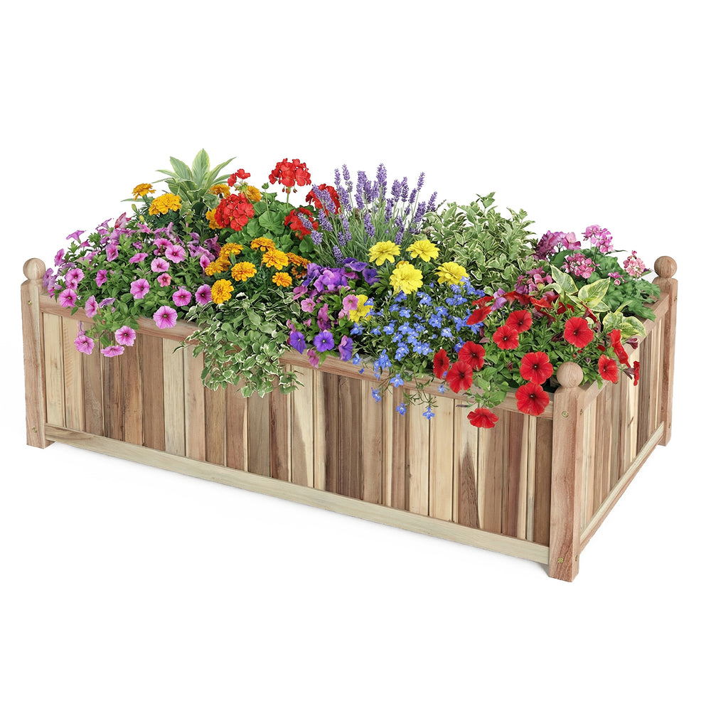 Wooden raised garden bed made of natural acacia wood, filled with vibrant flowers, suitable for indoor and outdoor use.