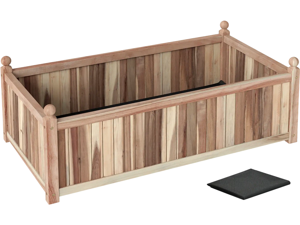 Wooden raised garden bed made of natural acacia wood with liner, ideal for indoor and outdoor planting.