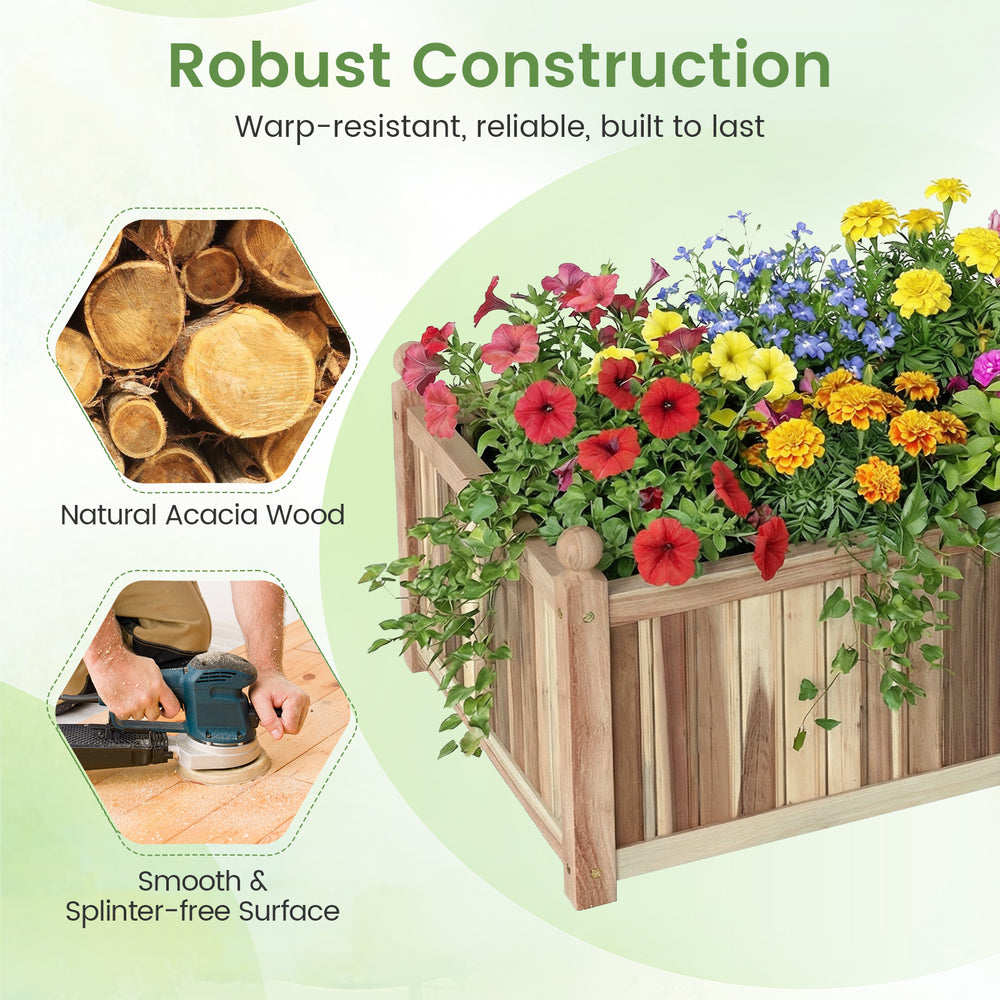 Wooden raised garden bed made of natural acacia wood, featuring a smooth surface and designed for indoor and outdoor.