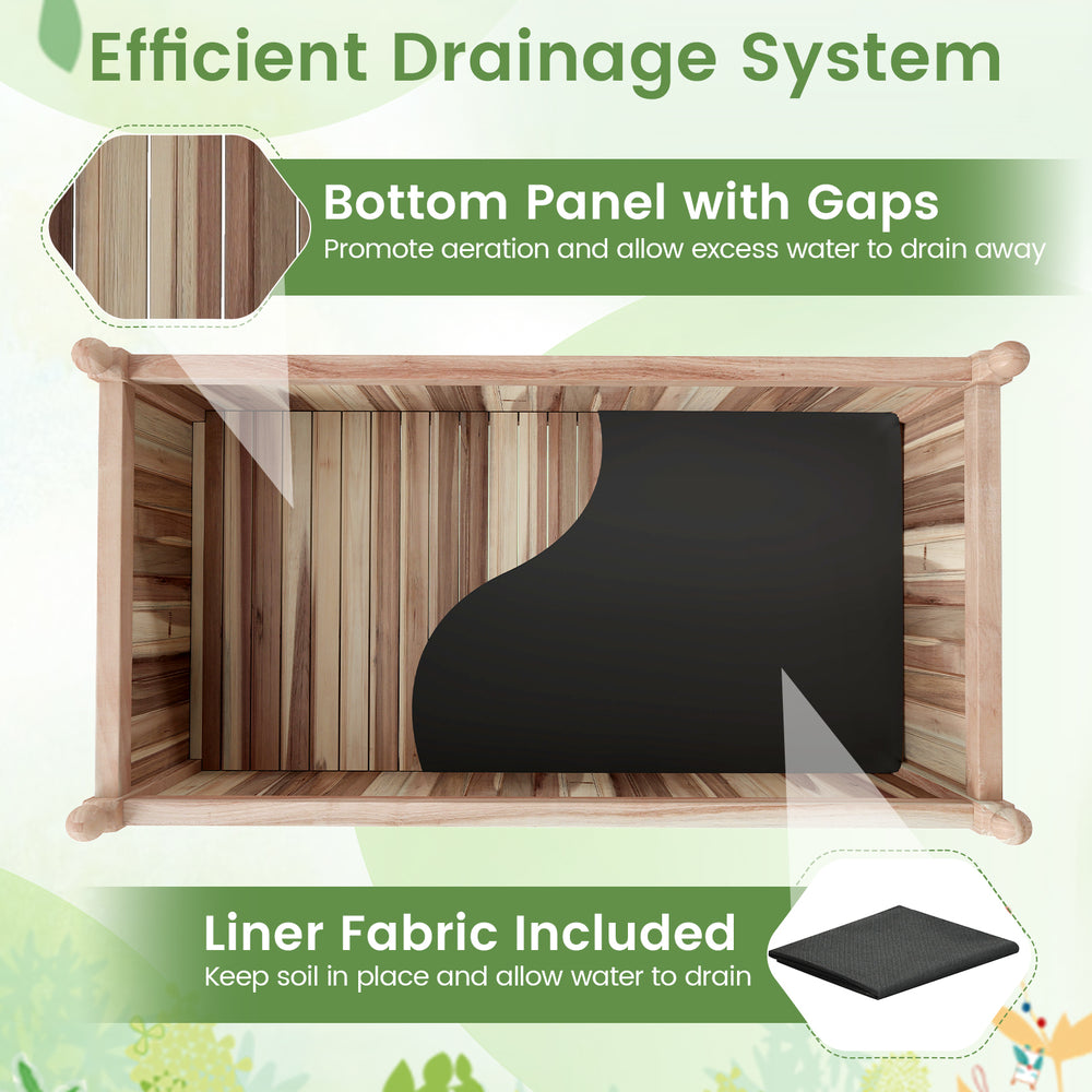 Top view of the wooden raised garden bed showing the bottom panel with gaps and included liner fabric for drainage.