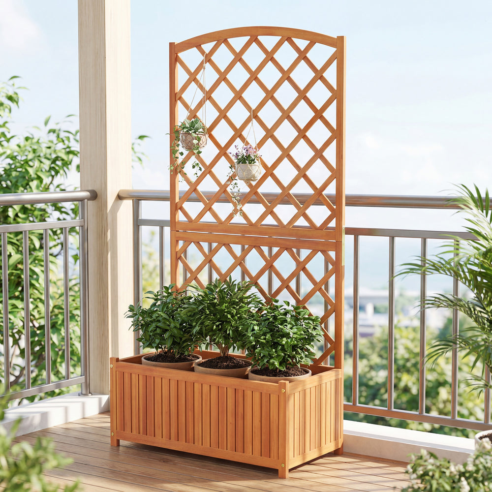 Wooden raised garden bed with trellis, made from acacia wood, ideal for growing plants on patios or balconies.