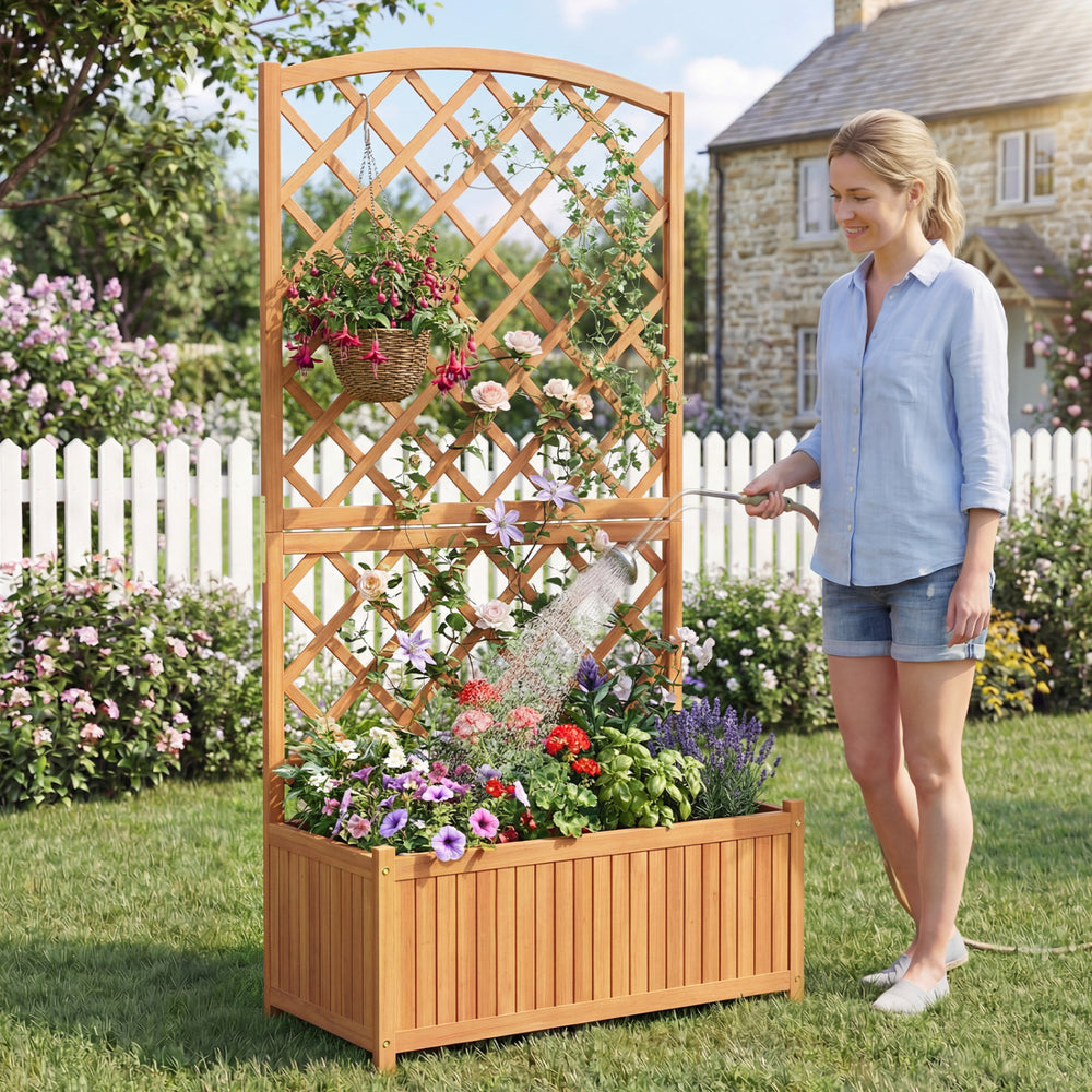 Wooden raised garden bed with trellis, made of acacia wood, ideal for growing flowers and plants in outdoor spaces.