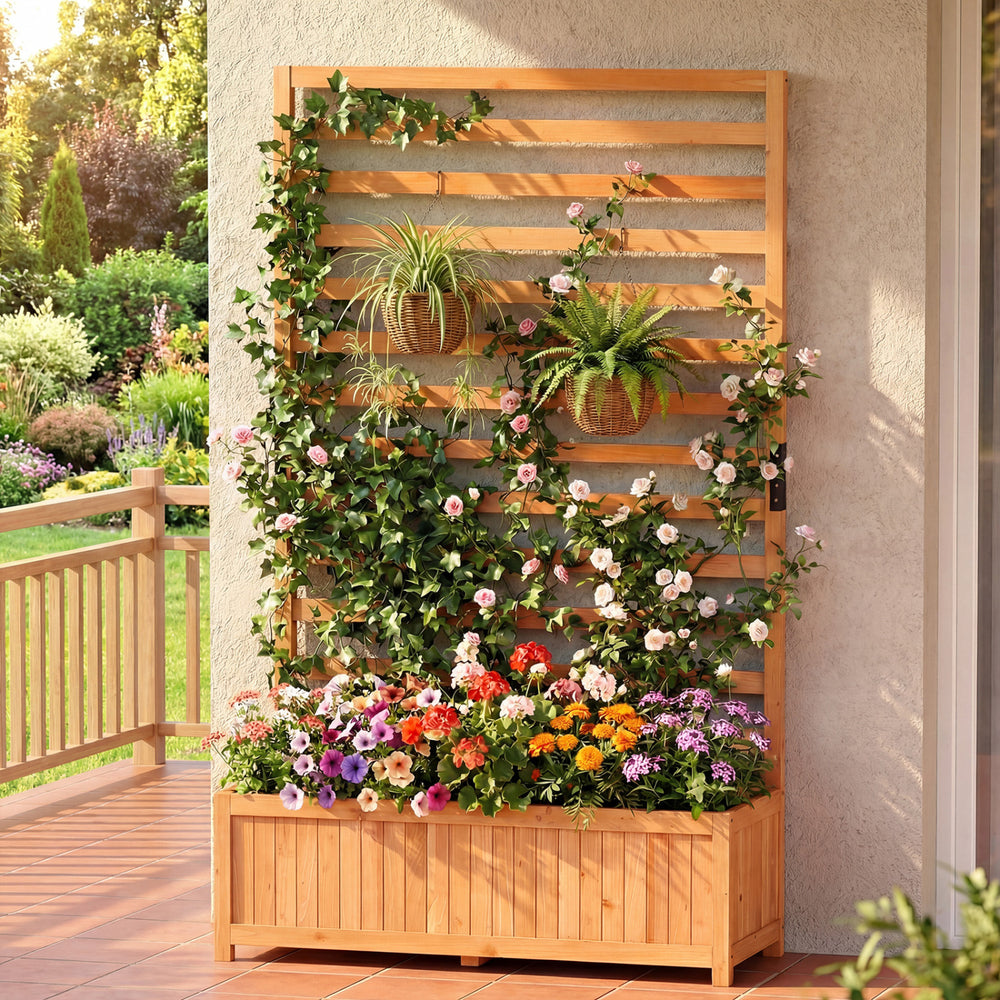 Wooden Raised Garden Bed 59 Inch Tall Elevated Planter Box with Vertical Trellis - Gallery View 2 of 9