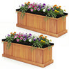 Wooden raised garden bed made of solid fir wood with drainage holes, featuring vibrant flowers for outdoor gardening.