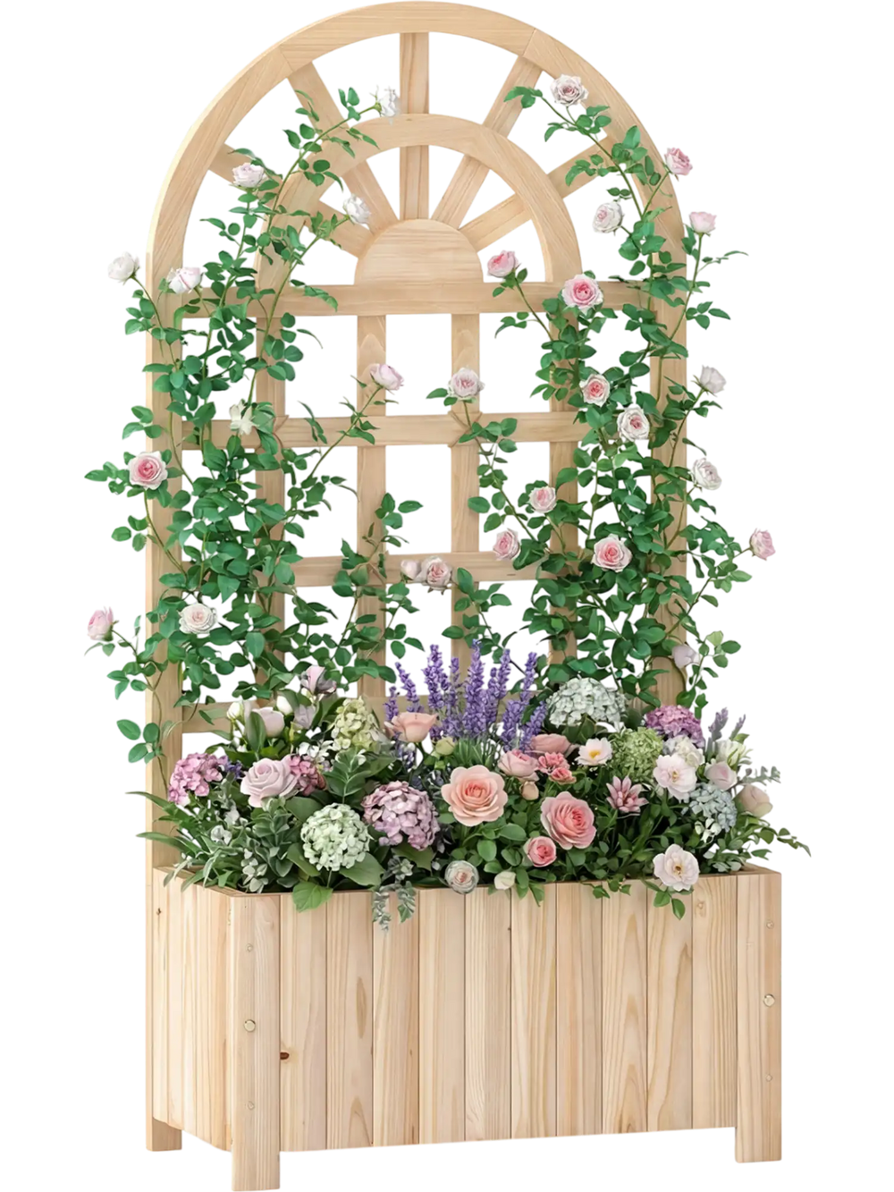 Wooden raised garden bed with trellis for climbing plants, featuring solid fir wood and a stylish rounded roof for.