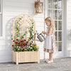 Wooden raised garden bed with trellis, featuring vibrant flowers, perfect for outdoor planting and vertical gardening.