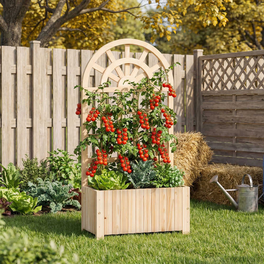 Wooden raised garden bed with trellis, featuring vibrant tomatoes and leafy greens, perfect for outdoor gardening.