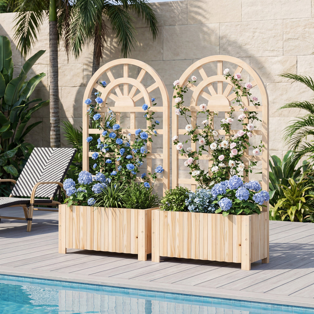 Wooden raised garden bed with trellis, featuring solid fir wood, for outdoor planting and vertical gardening.